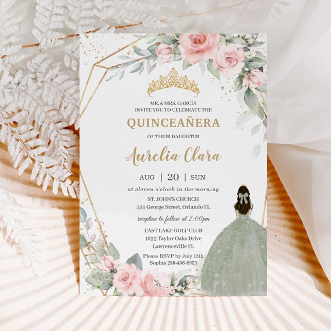 Chic Pink Floral Sage Grüne Prinzessin Quinceañera Einladung (Von Creator hochgeladen)