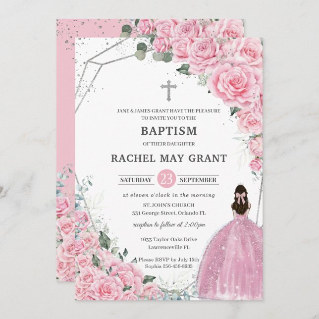 Chic Pink Floral Silver Girl Taufe Christening Einladung (Vorne/Hinten)