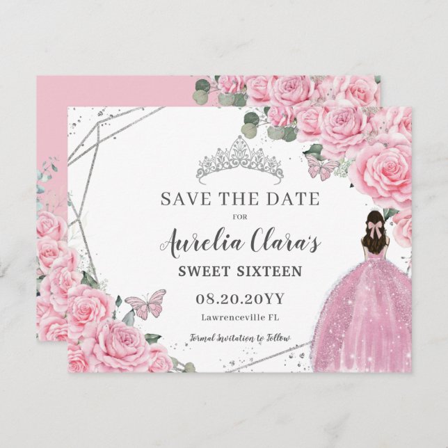 Chic Pink Floral Silver Quinceanera 16 . Geburtsta Save The Date (Vorne/Hinten)