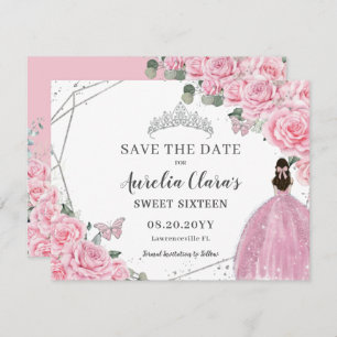 Chic Pink Floral Silver Quinceanera 16 . Geburtsta Save The Date