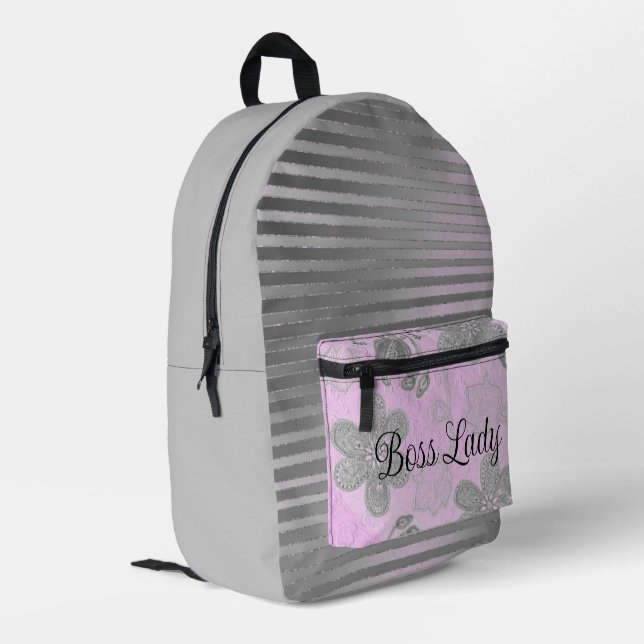 Chic Pink Floral Silver Streifen "Boss Lady" Bedruckter Rucksack (Rückseitige Ecke links)