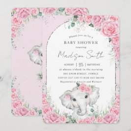 Chic Pink Floral Sweet Elephant Baby Dusche Einladung