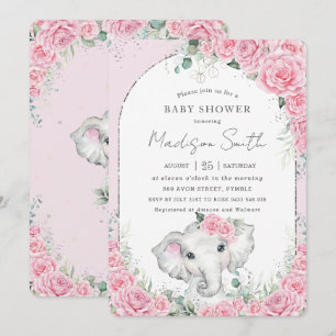 Chic Pink Floral Sweet Elephant Baby Dusche Einladung