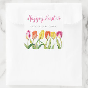 Chic Pink Floral Tulips Happy Oaster Quadratischer Aufkleber