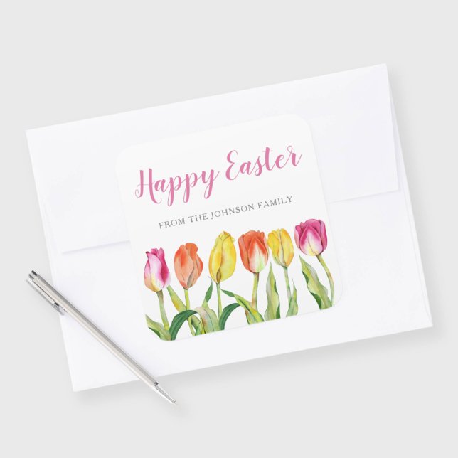 Chic Pink Floral Tulips Happy Oaster Quadratischer Aufkleber (Chic Pink Floral Tulips Happy Easter Square Sticker)