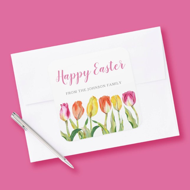 Chic Pink Floral Tulips Happy Oaster Quadratischer Aufkleber (Chic Pink Floral Tulips Happy Easter Square Sticker)