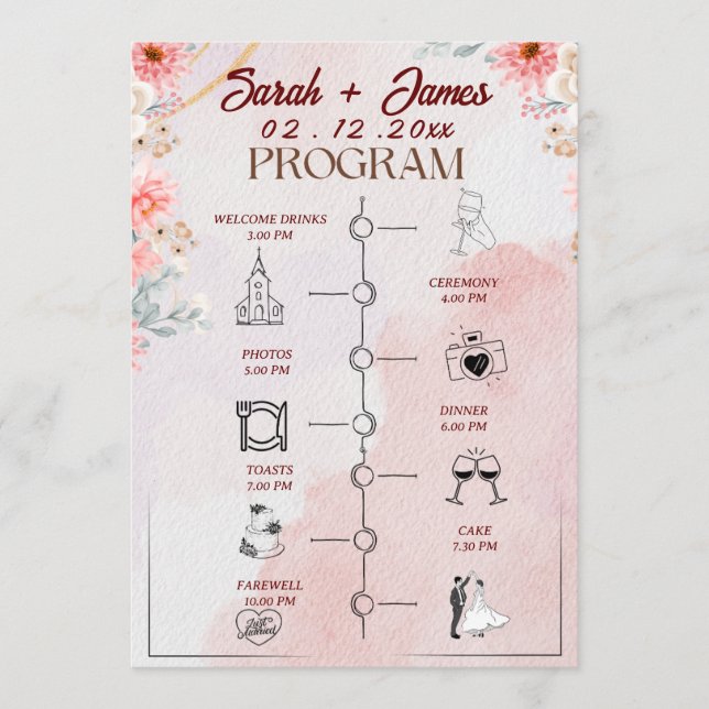 Chic Pink Floral Wedding Programm (Vorderseite)