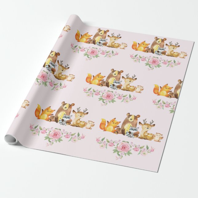 Chic Pink Floral Woodland Baby Dusche 1. Geburtsta Geschenkpapier (Ungerollt)