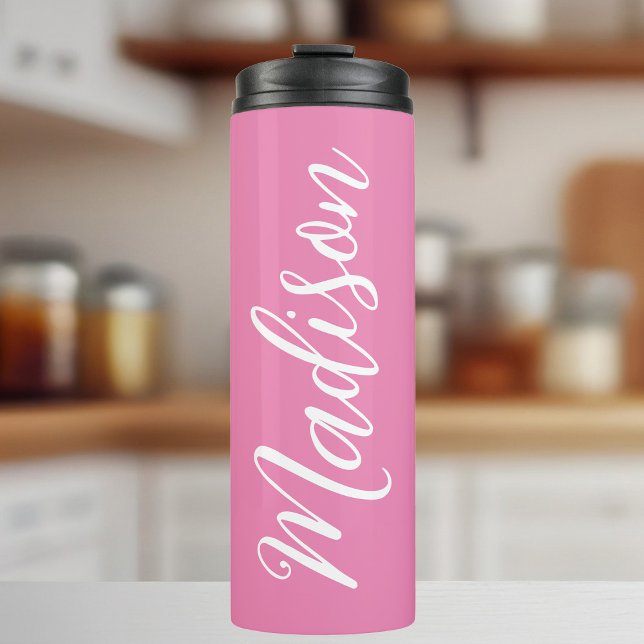 Chic Pink Girls Name White Script Personalisiert Thermosbecher (Von Creator hochgeladen)