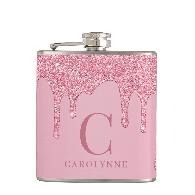 Chic Pink Glitter Glanz Tropfen Monogramm Flachmann (Vorderseite)