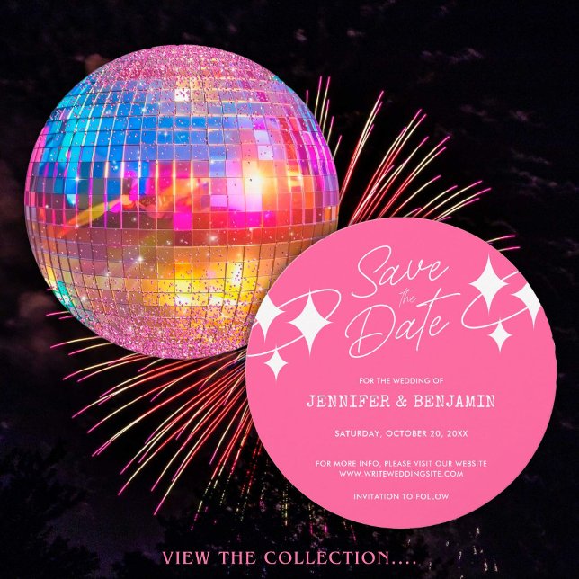 Chic Pink Glitzer Disco Ball Wedding Save the Date Einladung (Von Creator hochgeladen)