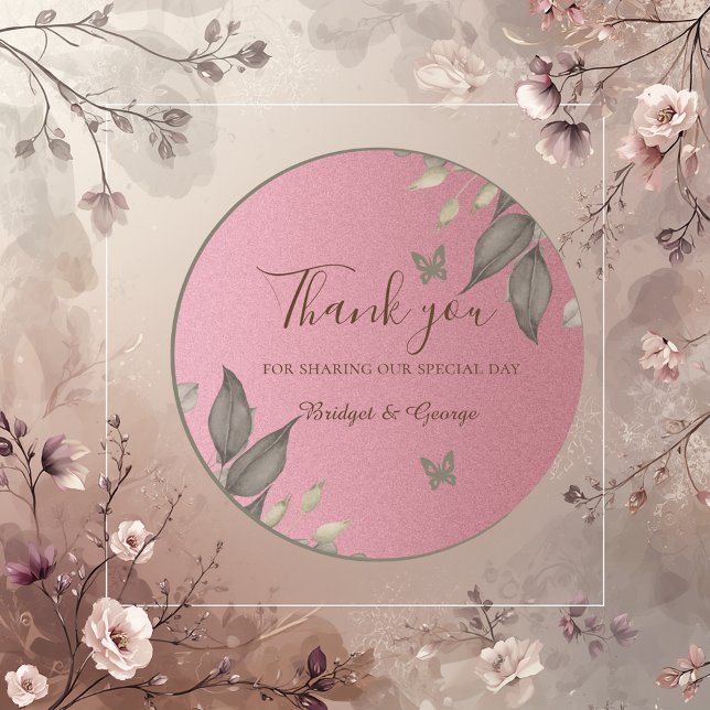 Chic Pink Glitzer Foliage Wedage danke Runder Aufkleber (Von Creator hochgeladen)