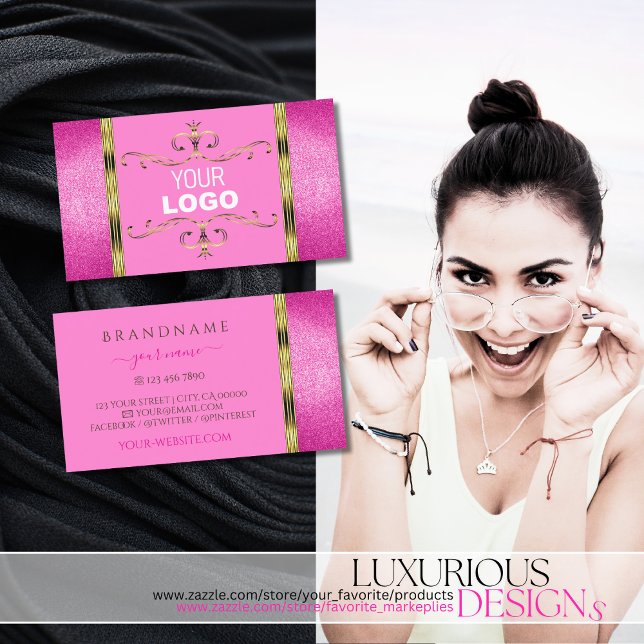 Chic Pink Glitzer Gold Border Ornamental mit Logo Visitenkarte (Von Creator hochgeladen)
