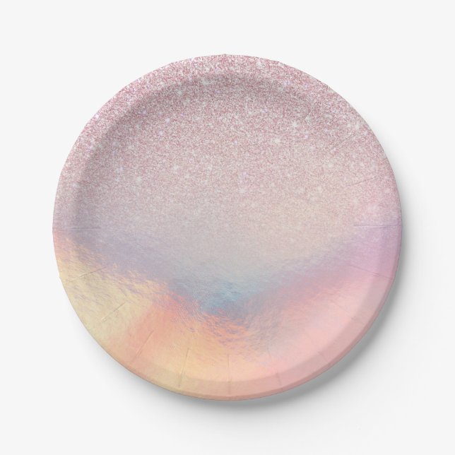 Chic Pink Glitzer Iridescent Holographic Gradient Pappteller (Vorderseite)