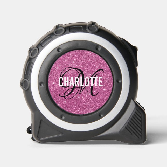 Chic pink Glitzer Monogramm Name Maßband (Vorderseite)