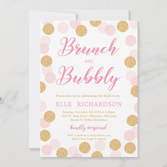 Chic Pink Glitzer polka dot brunch und blubbly Einladung (Vorderseite)