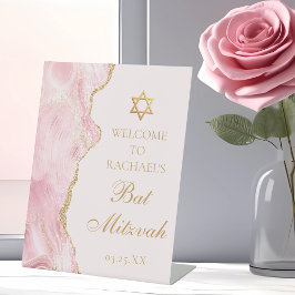 Chic Pink Gold Agate Bat Mitzvah Custom Party Sockelschild