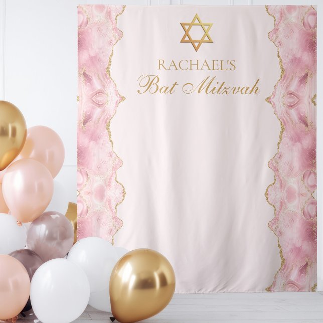 Chic Pink Gold Agate Bat Mitzvah Custom Party Wandteppich (Von Creator hochgeladen)