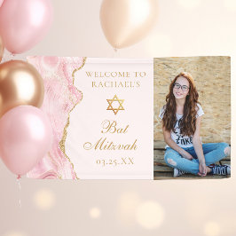 Chic Pink Gold Agate Bat Mitzvah Foto Party Banner