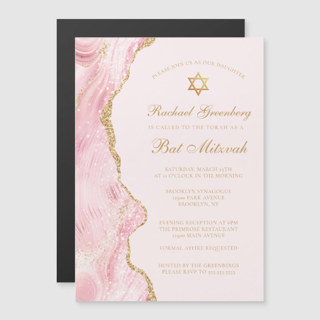 Chic Pink Gold Agate Bat Mitzvah Party Custom Magneteinladung (Vorne/Hinten)