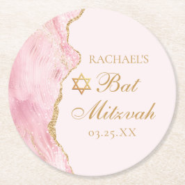 Chic Pink Gold Agate Bat Mitzvah Party Custom Runder Pappuntersetzer