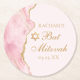 Chic Pink Gold Agate Bat Mitzvah Party Custom Runder Pappuntersetzer