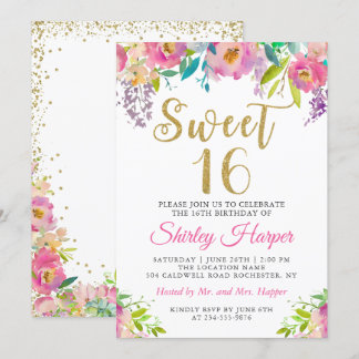 Chic Pink Gold Floral 16 . Geburtstag 16 Geburtsta Einladung
