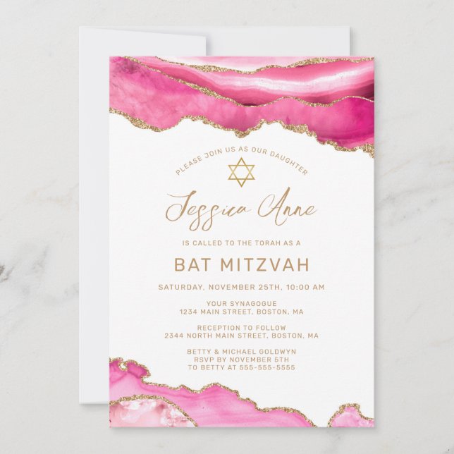 Chic Pink Gold Glitzer Agate Bat Mitzvah Einladung (Vorderseite)