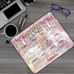 Chic pink gold Glitzer monogram 2025 calendar Mousepad