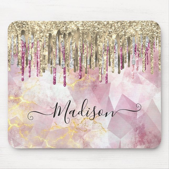 Chic pink Gold Glitzer Tropfen Monogramm Mousepad (Vorne)