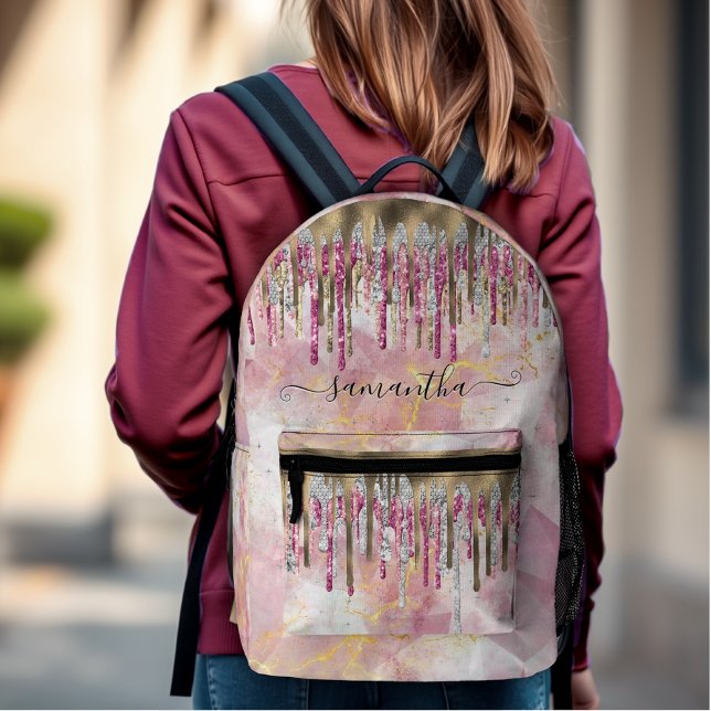 Chic pink Gold Glitzer Tropfen Monogramm Zubehör Bedruckter Rucksack (Von Creator hochgeladen)