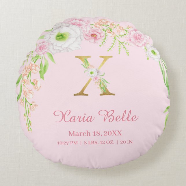 Chic Pink Gold Monogram "X" Baby Girl Stats Rundes Kissen (Vorderseite)