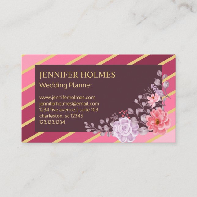 Chic Pink Gold Strips Floral Business Card Visitenkarte (Vorderseite)