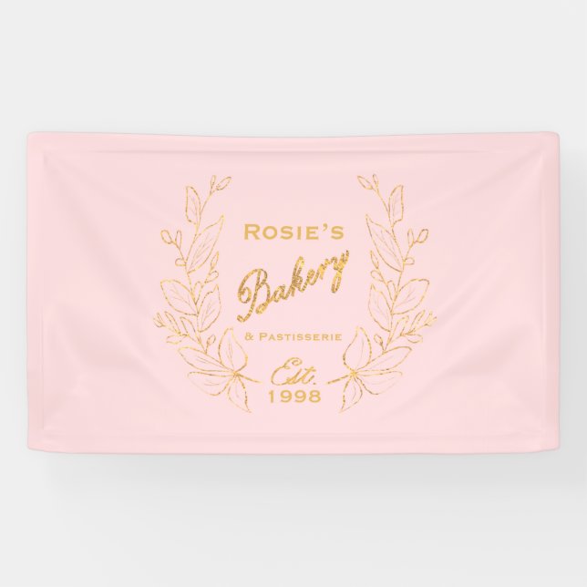 Chic Pink Gold Wreath Bakery Script-Logo Banner (Horizontal)