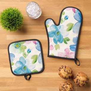 Chic Pink Green Blue Floral Ofenhandschuh & Topflappen-Set