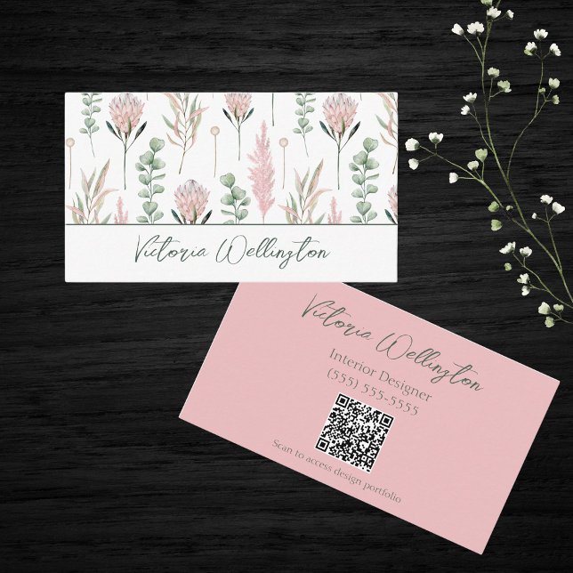 Chic Pink & Green Country Floral QR Code Visitenkarte (Von Creator hochgeladen)