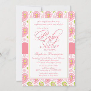 Chic pink + green paisley Baby Dusche Einladung