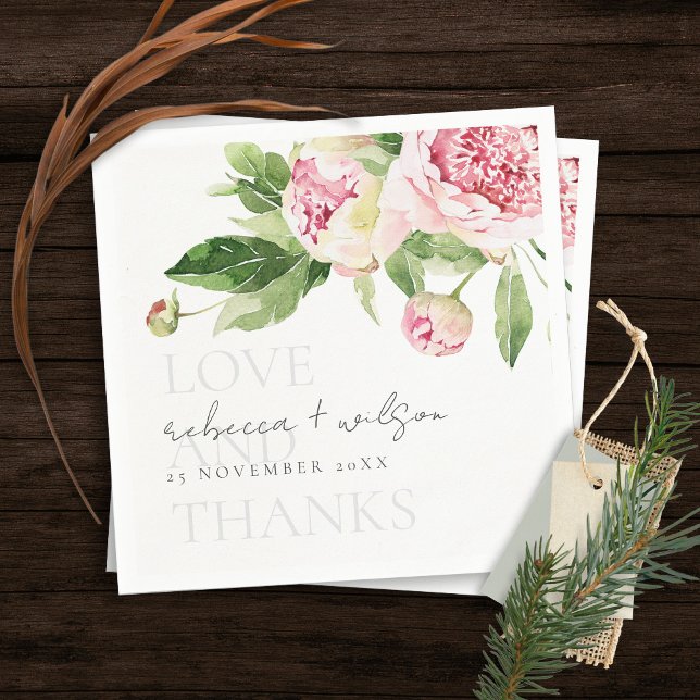 CHIC PINK GREEN PEONY FLORAL LIEBE DANK WEDING SERVIETTE (Von Creator hochgeladen)