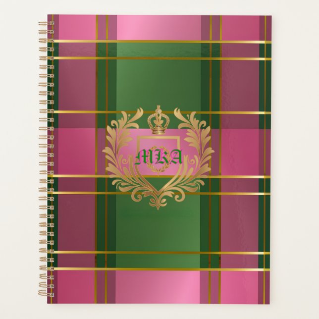 Chic Pink Green Plaid Monogram Personal Planner Planer (Vorderseite)