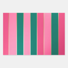 Chic Pink & Green und Gold Streifen Geschenkpapier Set