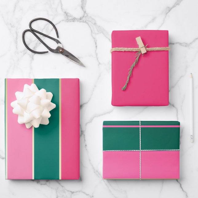 Chic Pink & Green und Gold Streifen Geschenkpapier Set (Vorderseite)