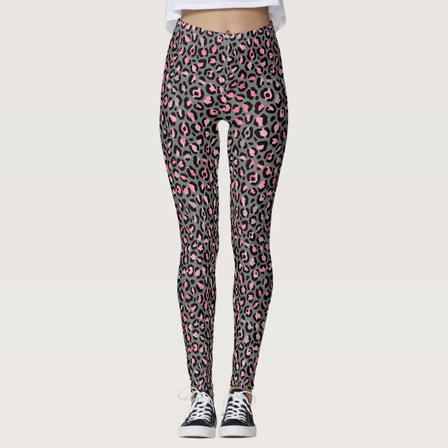 Chic Pink Grey Leopard Print Leggings (Vorderseite)
