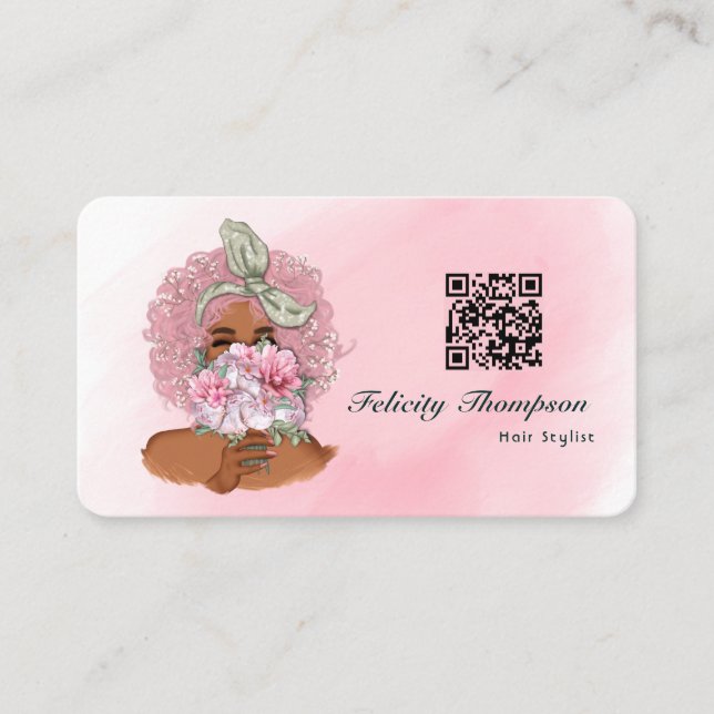 Chic Pink Hair Stylist QR Code Visitenkarte (Vorderseite)