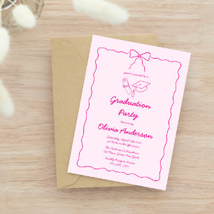 Chic Pink Hand Gezeichnet Bow Squiggle Graduation Einladung