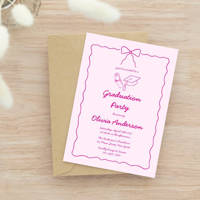 Chic Pink Hand Gezeichnet Bow Squiggle Graduation  Einladung (Von Creator hochgeladen)