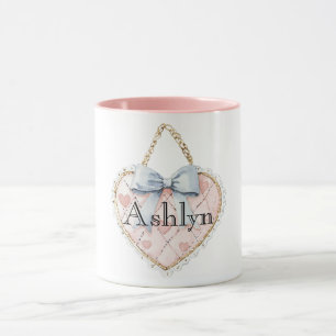 Chic Pink Heart Blue Bow Tasse