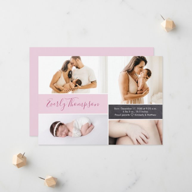 Chic Pink Individuelle Name und Baby Girl Foto Col Ankündigung (Vorderseite/Rückseite Beispiel)