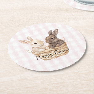 Chic Pink Kariert Stripes Bunnies in einem Korb Os Runder Pappuntersetzer