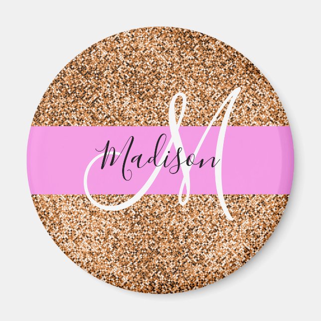 Chic Pink & Kürbis Glitter Funkeln Monogramm Name Magnet (Vorne)