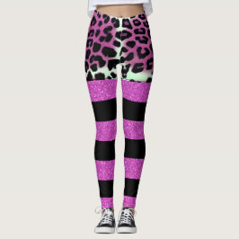Chic Pink Leopard & Black Pink Glitzer Streifen Leggings